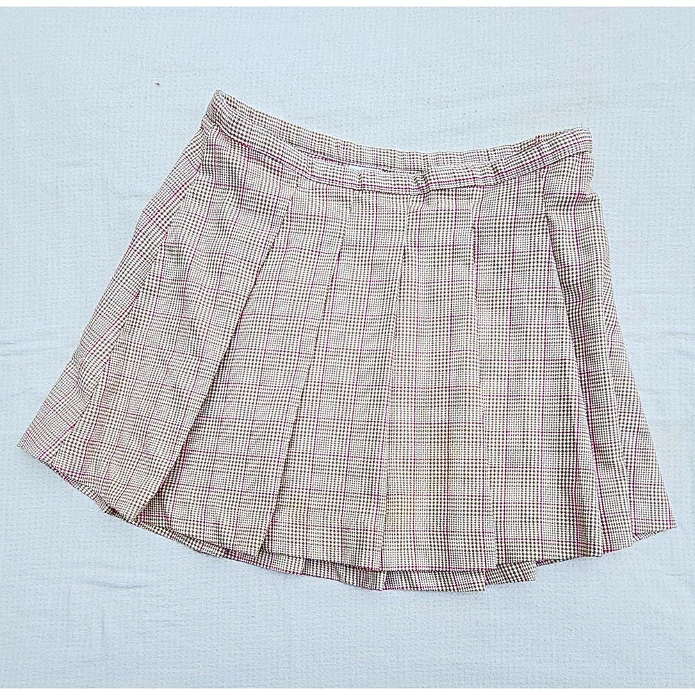 Wonder Nation Girls Pleated Plaid Skirt Beige Brown Pink 7-8Y 27 in Waist Y2k